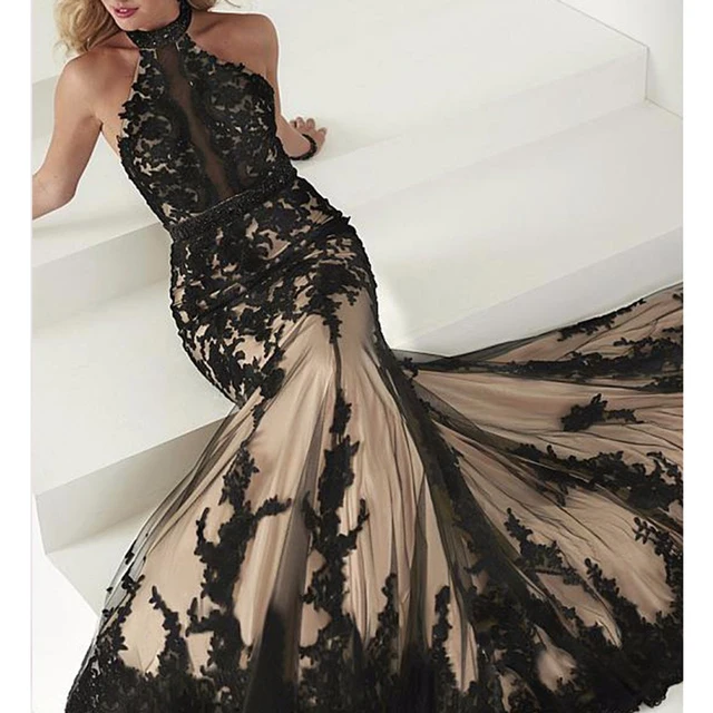 Noir Dentelle Robes De Soiree Femmes Dos Nu Sirene Longue Partie Robe Perles Halter Tulle Sexy De Bal Formelle Robes Robe Soiree Zc13 Aliexpress