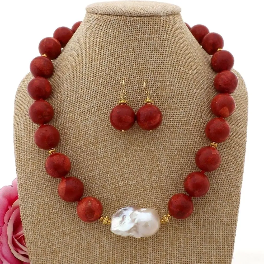 

K101909 20" 18mm Red Coral White Keshi Pearl Necklace Earrings Sets