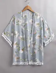 Кимоно Для женщин 2018 Летняя блузка Для Женщин Половина рукава с цветочным принтом пляжные свободные шифоновые Кардиган с бахромой женская