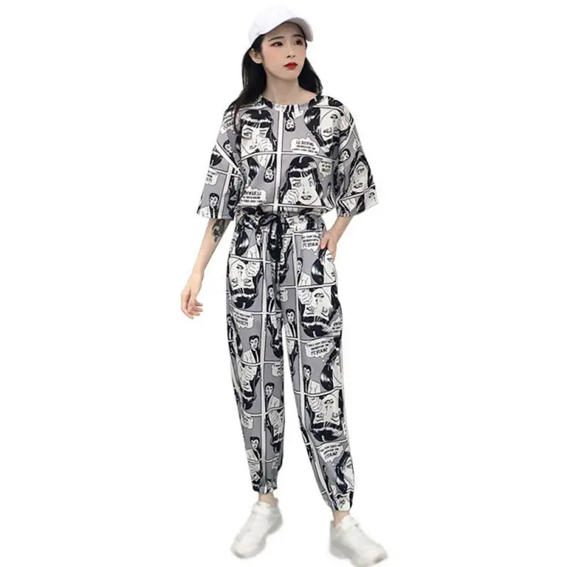 

2019 Women Korean Style Fashion Cartoon Long Loose Sports Causal Women's Sets T-Shirt Top + Long Pants For Ladies
