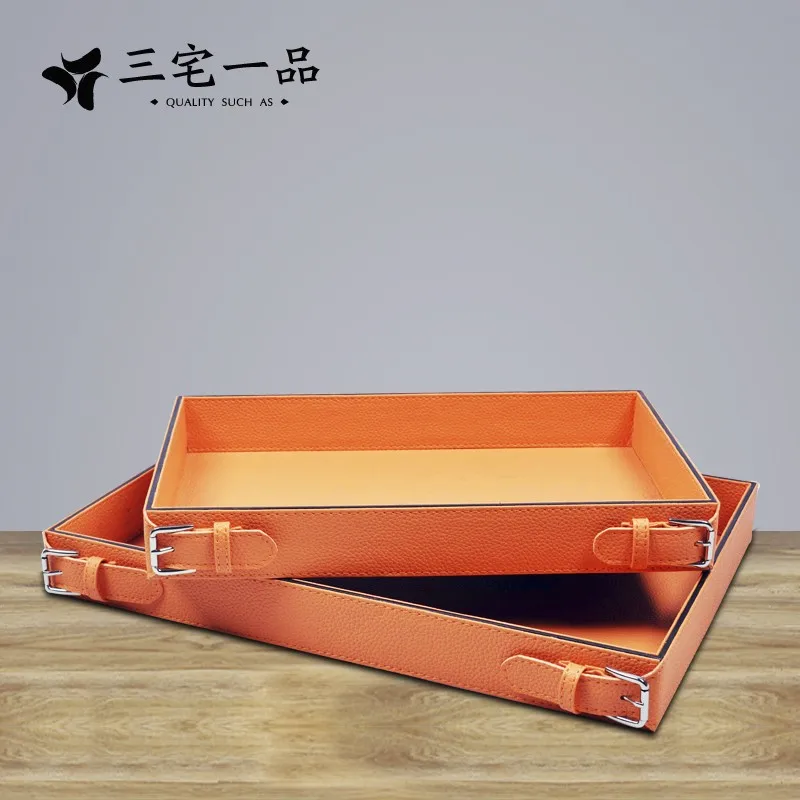 Free shipping Postmodern Simple Creative Handmade Leather Rectangular Pallet Arrangements Orange-red Model Room Soft Decorations | Дом и сад