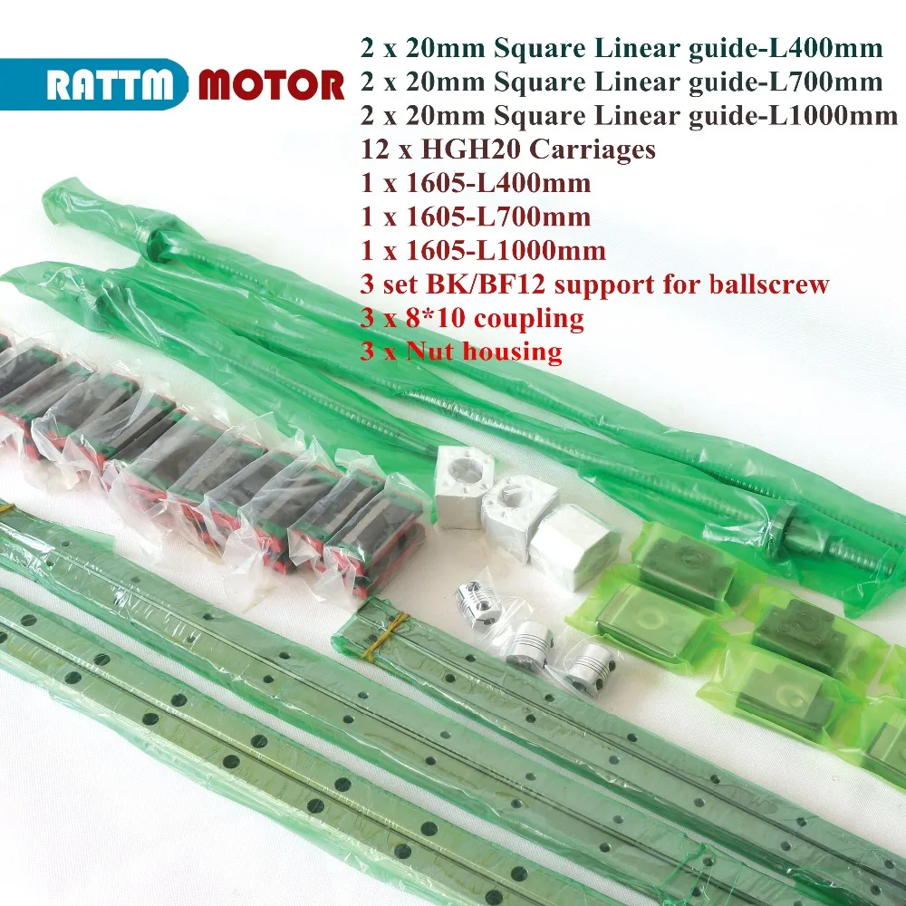 

UA Stock/IML ship ! 6PC Square Linear guide L-400/700/1000mm & 3pc Ballscrew 1605-400/700/1000mm w/ Nut & 3set BK/B12 & Couuling