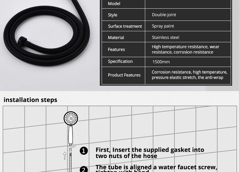 hm Plumbing Hoses Black Shower Hose 1.5m Plumbing Hose Bath Products Bathroom Accessories SUS304 Black Shower Tubing Hoses (9)