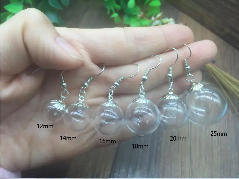 

20sets 10pairs 12mm 14mm 16mm 18mm 20/25mm ball glass globe 9mm beads cap ear hook earrings set glass vial charms glass bottle