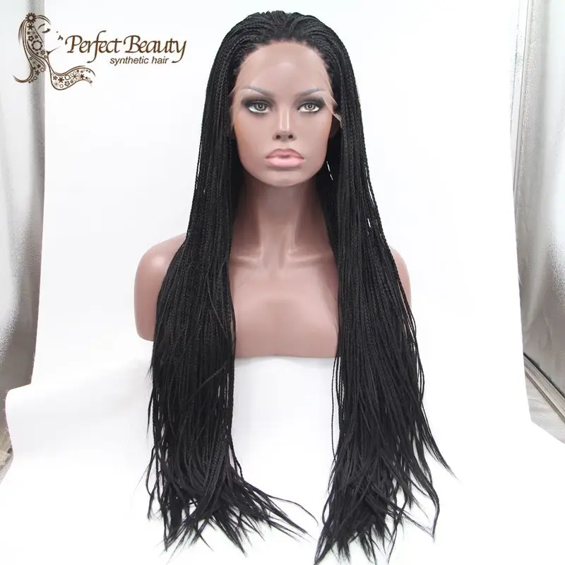 

African American Braided Wigs Heat Resistant Long Black Rooted Wig Cheap Good Synthetic Lace Front Box Braid Wig Top Quality