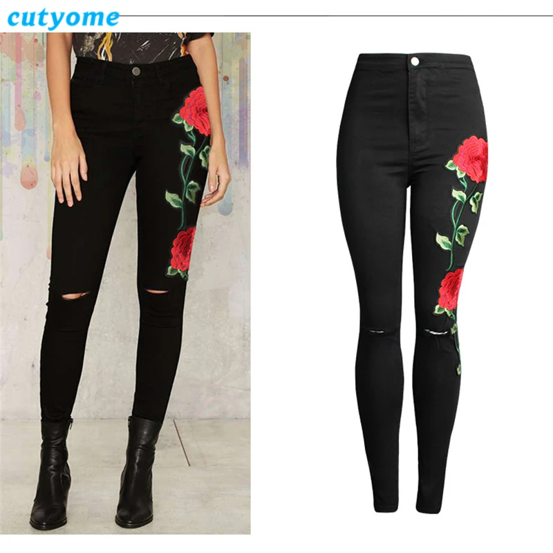 Buy Cutyome Embroidered Rose Flower Ripped Jeans for