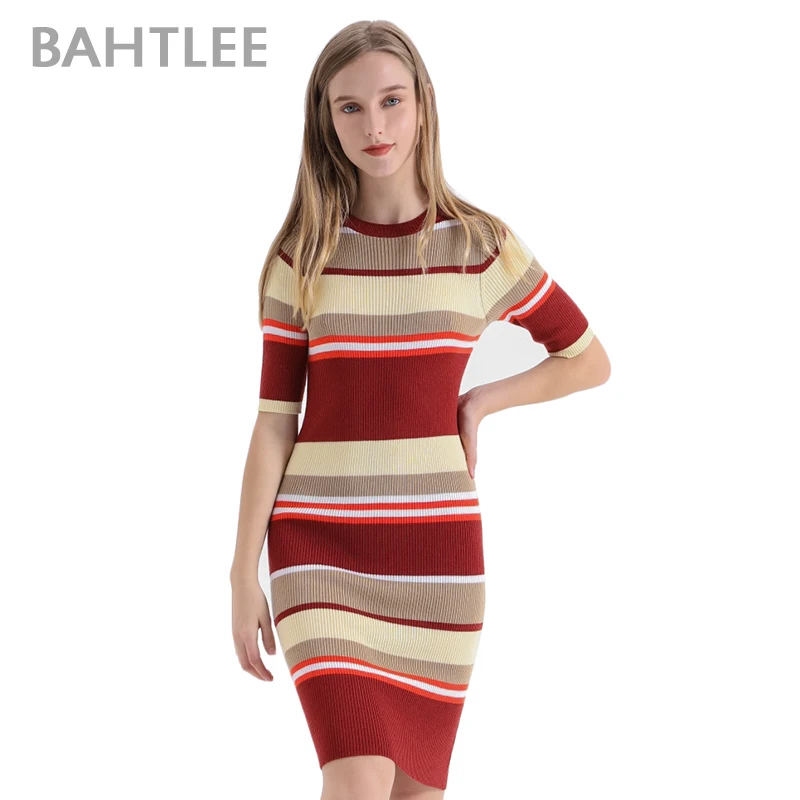 

BAHTLEE Sexy Bodycon Dresses Women O-Neck Short sleeves stretchy Club Party Midi Dress Knitted Sweater Casual Pencil