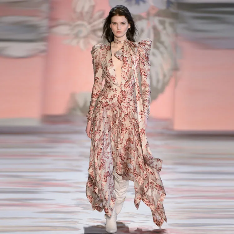 

Runway Dress Women Vintage Deep V Irregular Floral Print Long Maxi Dress Fashion Party Luxury European Design Spring Summer 2019