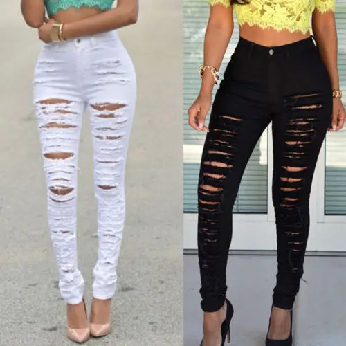 

Fashion Women Stretch Faded Ripped Jeans Destroyed Vintage Black White Slim Fit Skinny Denim Jeans Ladies Hole Pencil Pants
