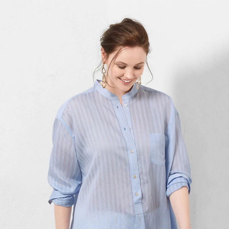 Kissmilk Women Plus Size Semi Sheer Button Down Shirt Dress Long Sleeve Stripe Turn Collar Big Loose Dress|shirt dress long|dresses big sizescollar |