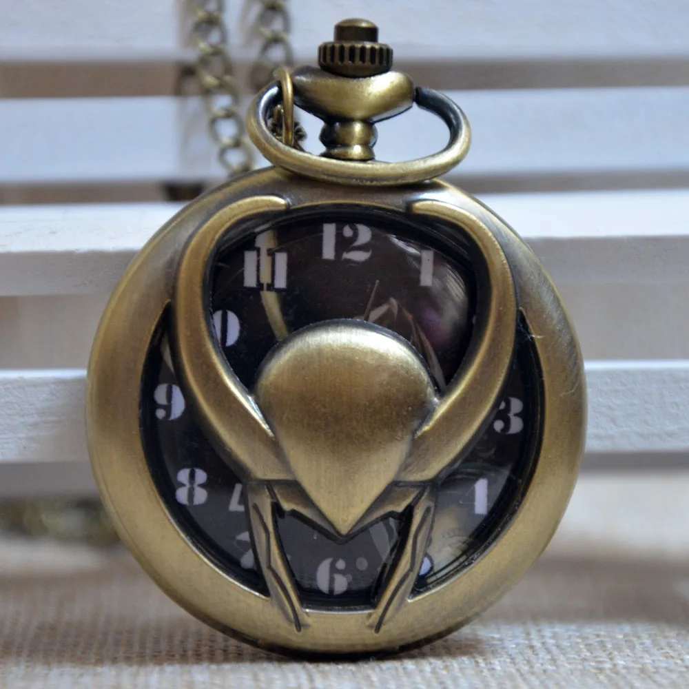 Black Dial New Fashion Style Bronze Game Loki Black/White Dial Hollow Quartz Pocket Watch Analog Pendant Necklace Men Women Watches Gift - Цвет: Black Dial