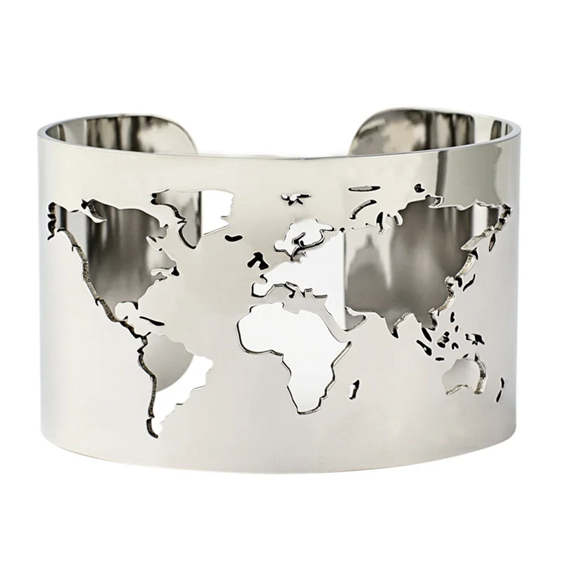 Welt Karte Cut out Manschette Armreif Armband Reise Frieden Schmuck Edelstahl 40mm Breite Laser Gravur Feine Poliert kreis Winkel Billig