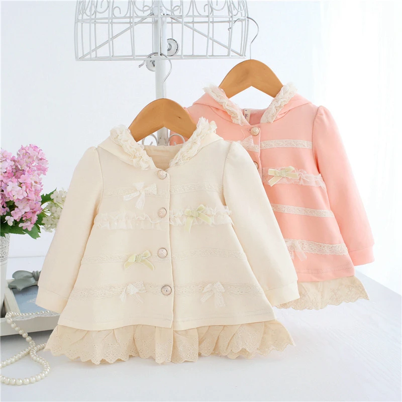 

Hooded Baby Coat White Infant Girls Jacket Cotton Cardigan With Lace Trim Floral Winter Clothes Princess Girls Outfits A014