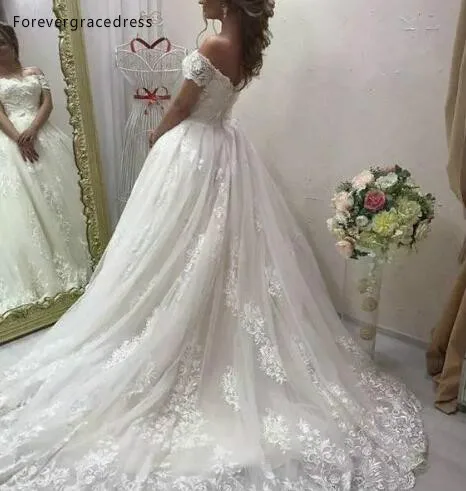 2019 Wedding Dress Sexy Off Shoulder Short Sleeves Lace Applique Tulle Sweep Train Bridal Gowns Summer Garden Vestidos Custom Made  169 (1)