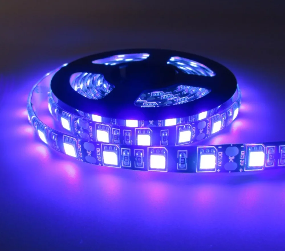 5 м/рулон УФ черные огни DC12V SMD5050 395-405nm Гибкая полоса IP65 для наружного