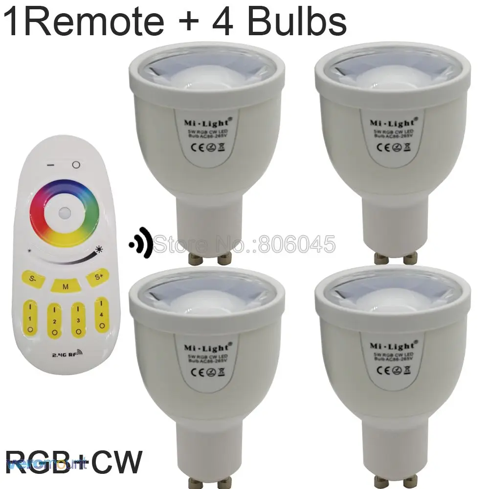 AC86-260V 2,4G GU10 5W RGBCW или RGBWW WiFi Светодиодный точечный светильник Milight FUT018 2,4G беспроводной пульт дистанционного управления/управление через WiFi - Испускаемый цвет: 1Remote 4Bulb CW