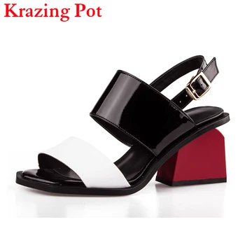 

New Fashion Patent Leather Peep Toe Ankle Buckle Straps Women Sandals Red High Heels Mixed Colors Slingback Causal Shoe L47