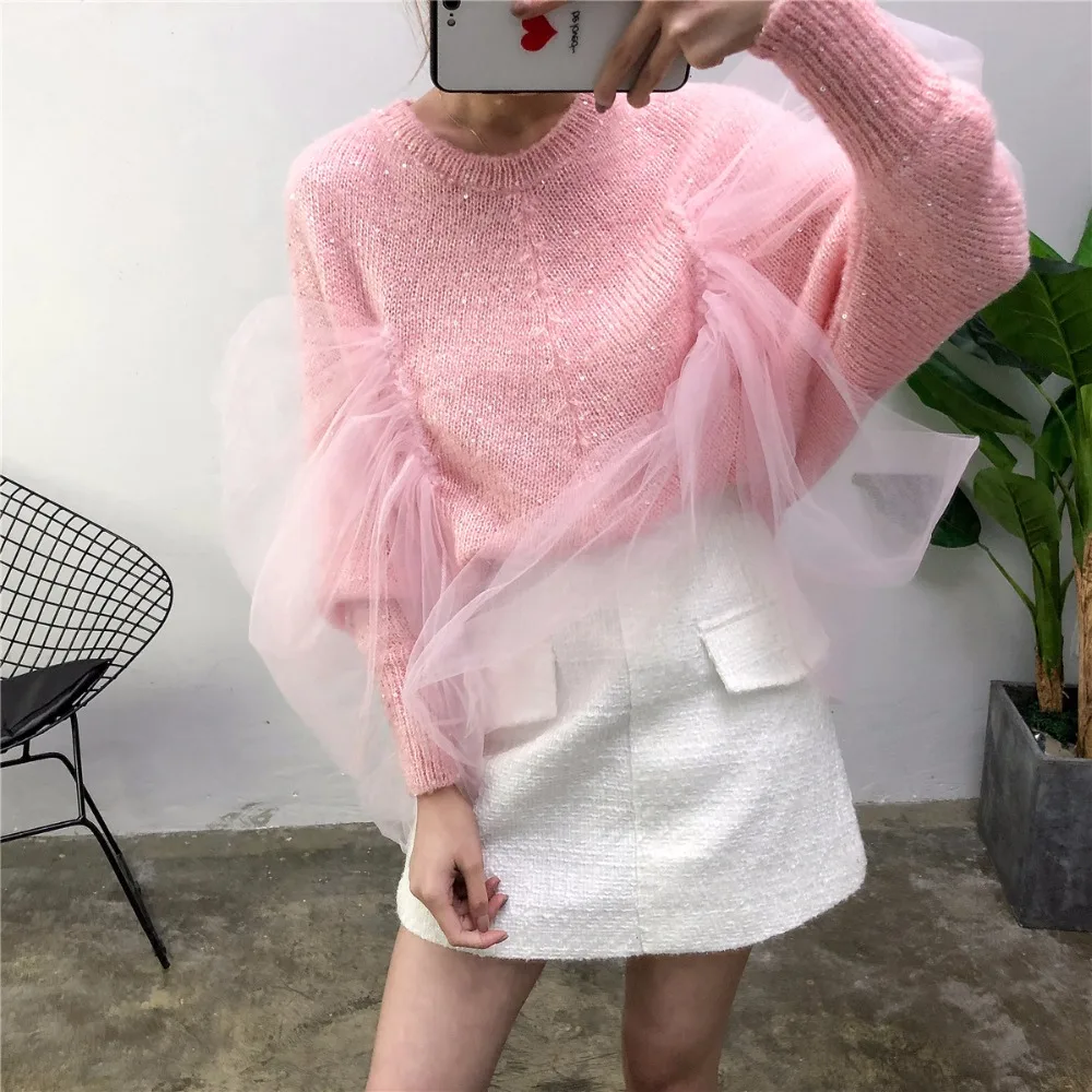 Сладкий Блестки сетки лоскутное ленивый вязаный свитер женские пуловеры рукав "летучая мышь" Розовый 2018 новое поступление