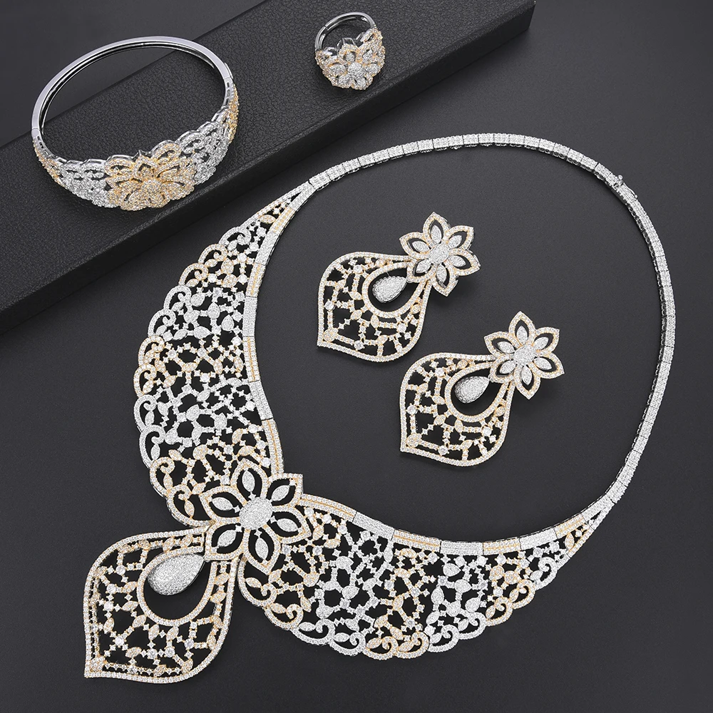 

4PCS bridal wedding jewelry african beads jewelry set Necklace Earrings Bangle Ring fashion jewelry For Women Anniversary Wear