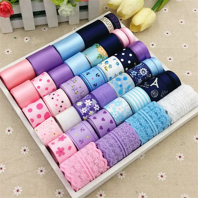

High Quality Purple Style 42YDS Mixed 42 Style Diy Hair Accessory Material Accessories Bow Hairpin Cotton Lace Printe Ribbon Set