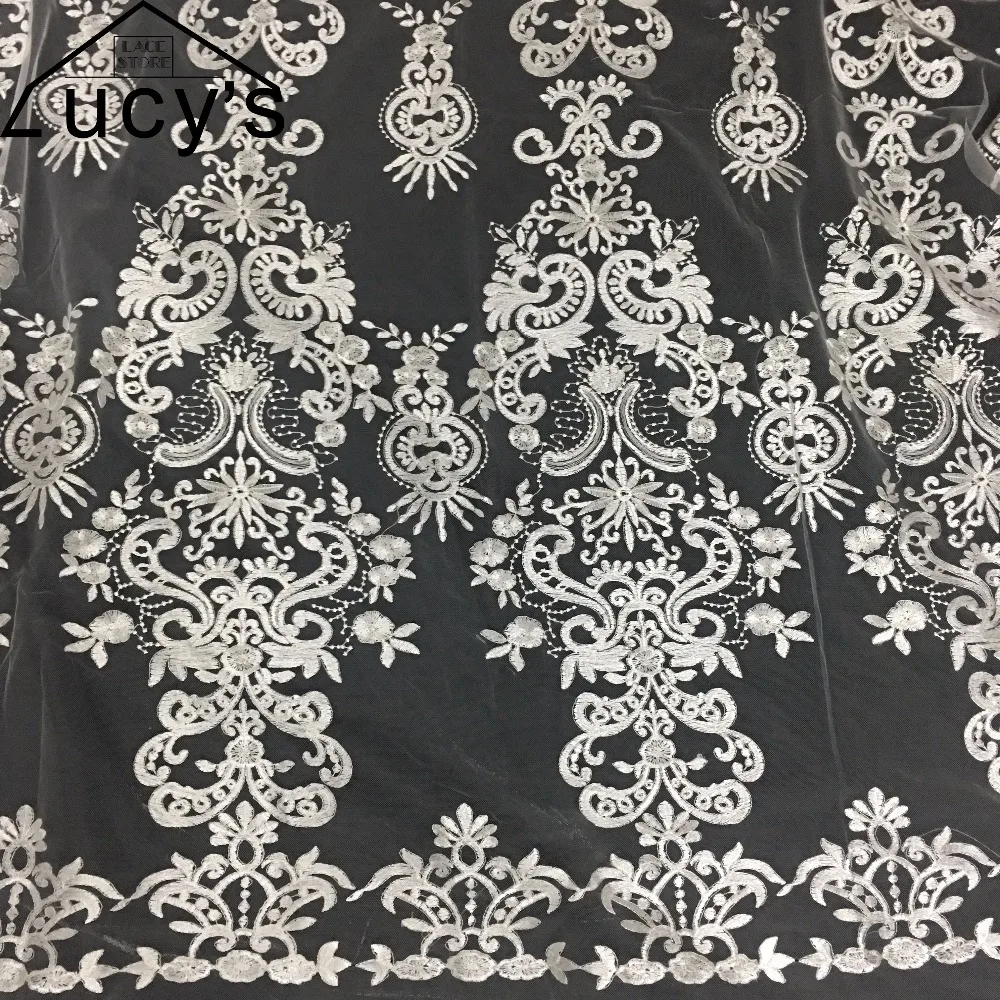 

1 Yard 2017 New Design High End Bridal Gowns Lace 59" Light Ivory Embroidered Palace Design Tulle Wedding Lace Fabric