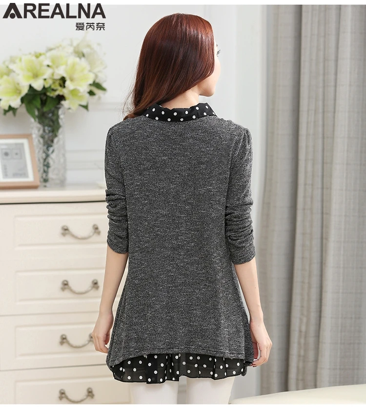 AREALNA 2018 coreano nuevo otoño falso de dos piezas camiseta floja ocasional punto de la onda t-shirt mujeres tops más tamaño 5XL blusas camisetas