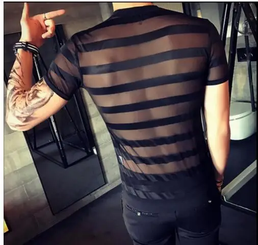 

2019 New men's casual Ultra-thin t-shirt gauze transparent stand collar solid color short-sleeve summer zipper-up clothing