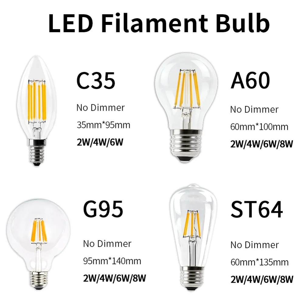 Светодиодный лампочка накаливания E27 E14, винтажная лампа Эдисона 220 В, 110 В, ретро светильник в виде свечи, глобус, ампула, светильник ing COB, домашний декор с регулируемой яркостью