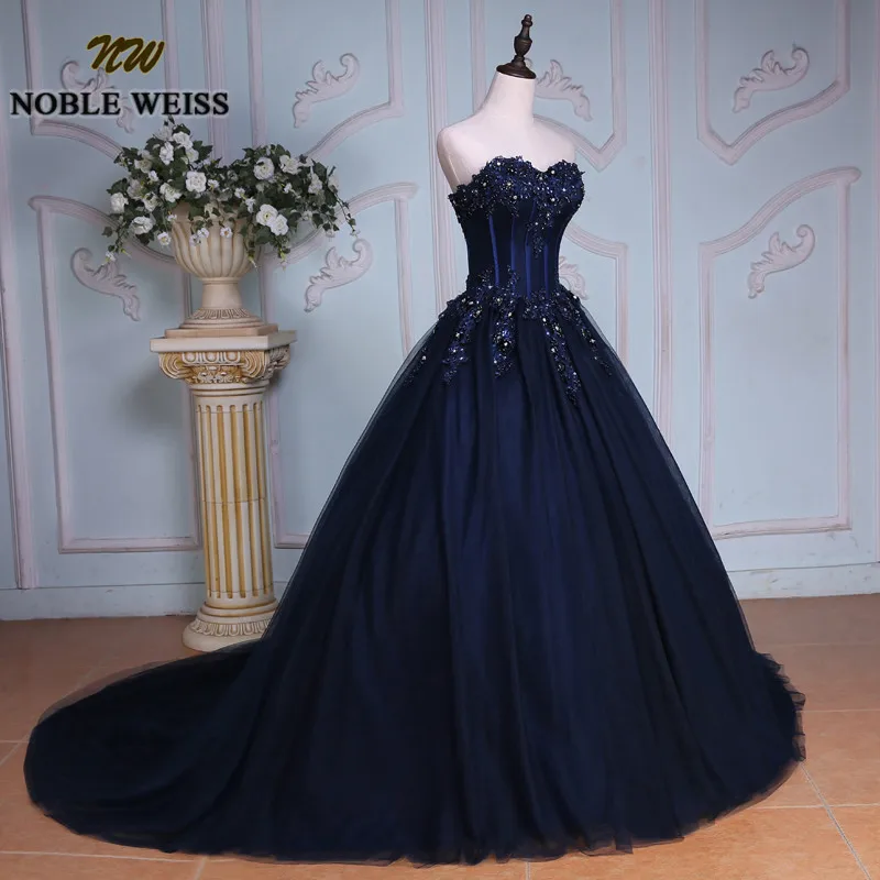 NOBLE WEISS темно-синие пышные платья Бальное Платье милое без бретелек Vestidos de 15 anos Аппликация Кружева Сладкий 16 платья