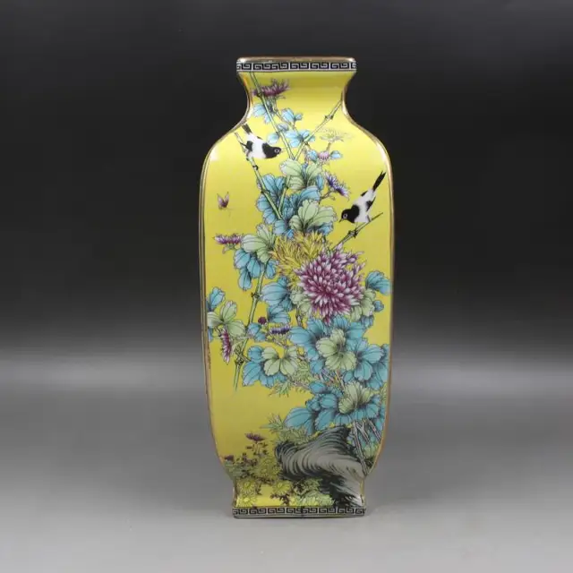 Qianlong Year Mark gold pastel four seasons antique square vase antique home decoration porcelain ornaments antiques collection 6