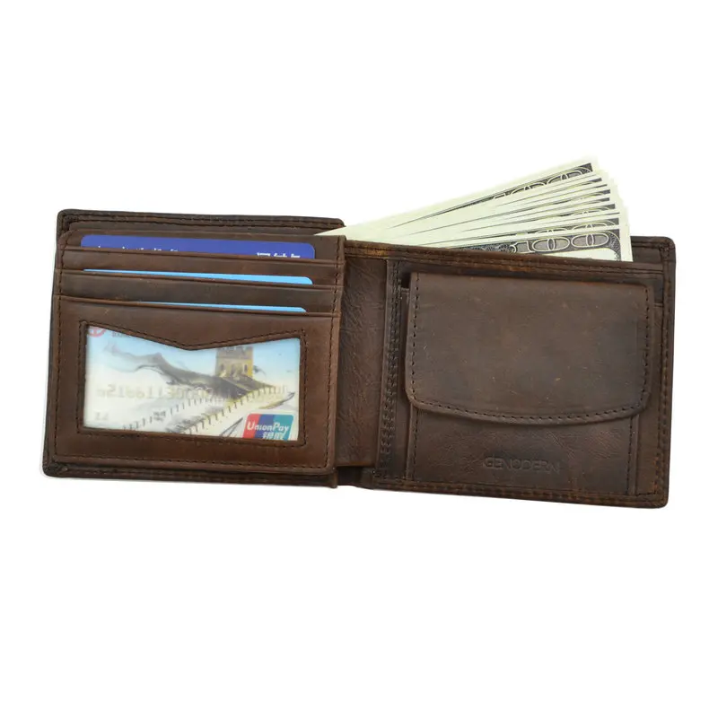 GENODERN Cow Leather Men Wallets with Coin Pocket Vintage Male Purse Function Brown Genuine Leather Men Wallet with Card Holders
