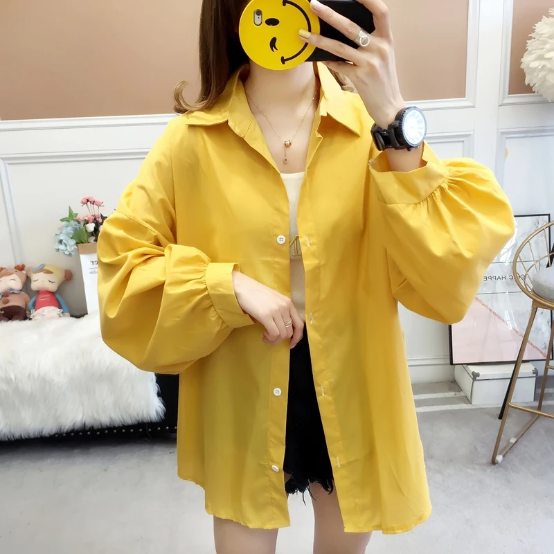 

2019 New Spring Fashion Casual Colorful Solid Shirts Women Loose Sweet Korean blouse Turn Down Collar Long sleeve Preppy Shirts