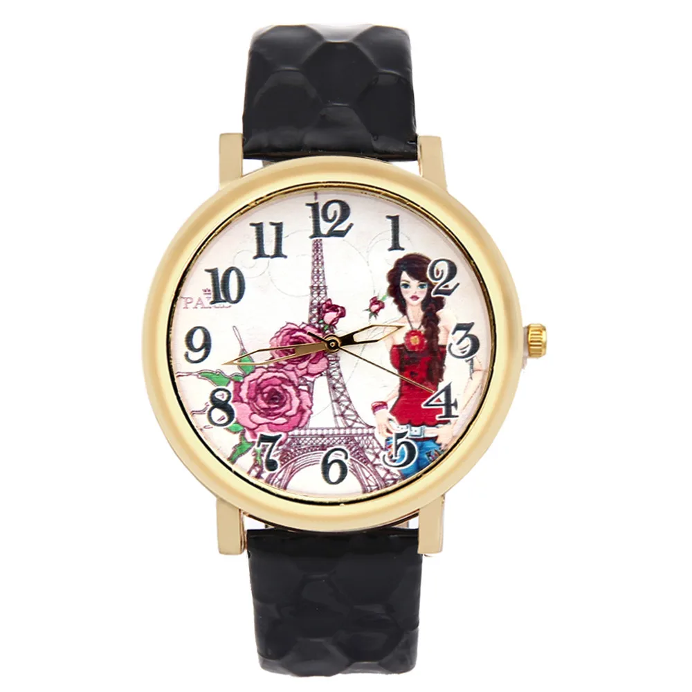 

Flower Tower Girl Pattern Casual Cute Temperament Leather Strap Women's Watches Relojes Para Mujer Fashion Watch @50