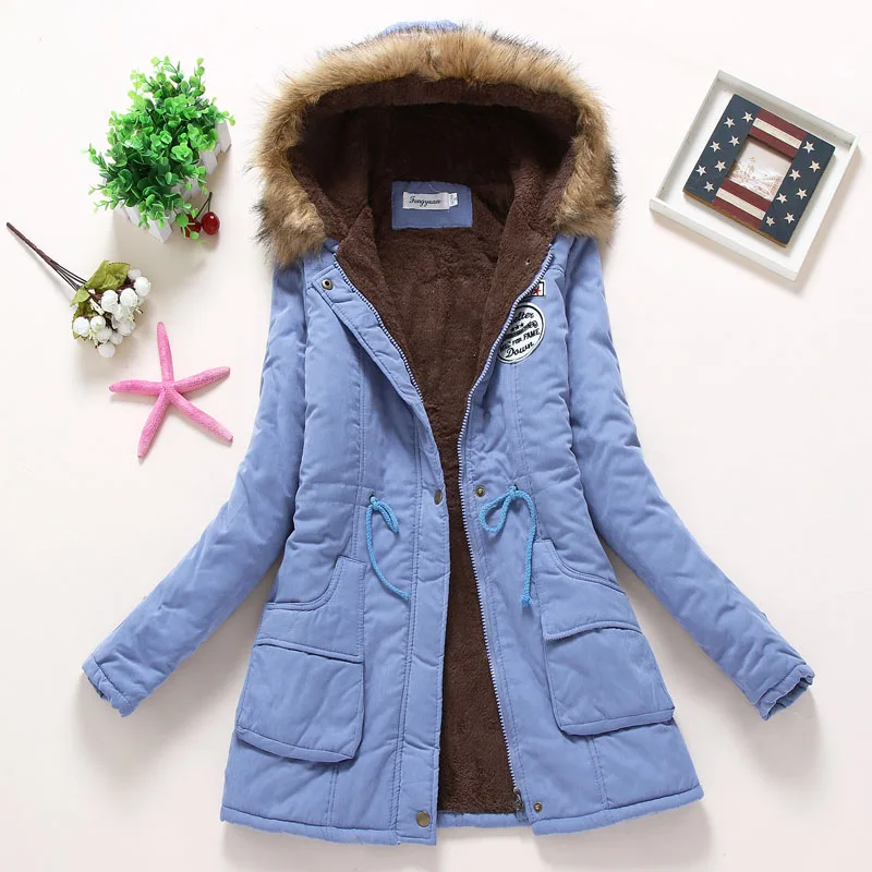 Женское зимнее плотное теплое пальто, женское осеннее пальто с капюшоном, хлопок, мех размера плюс, Базовая куртка, верхняя одежда, тонкая Длинная женская куртка - Цвет: Light Blue