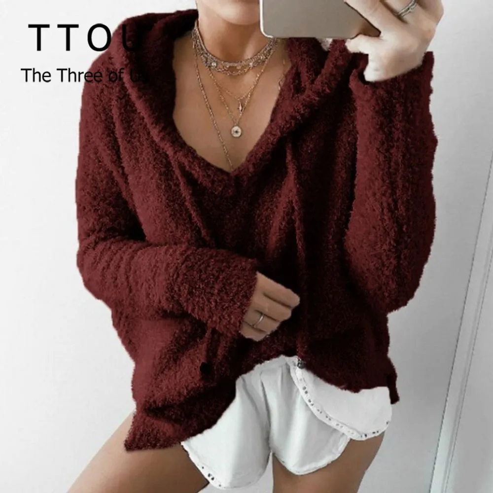 

Autumn Winter Fashion Solid Color V-neck Sexy Pullover Loose Women Hoodies Sweatshirts Casual Coat Hooded Outwear sudadera