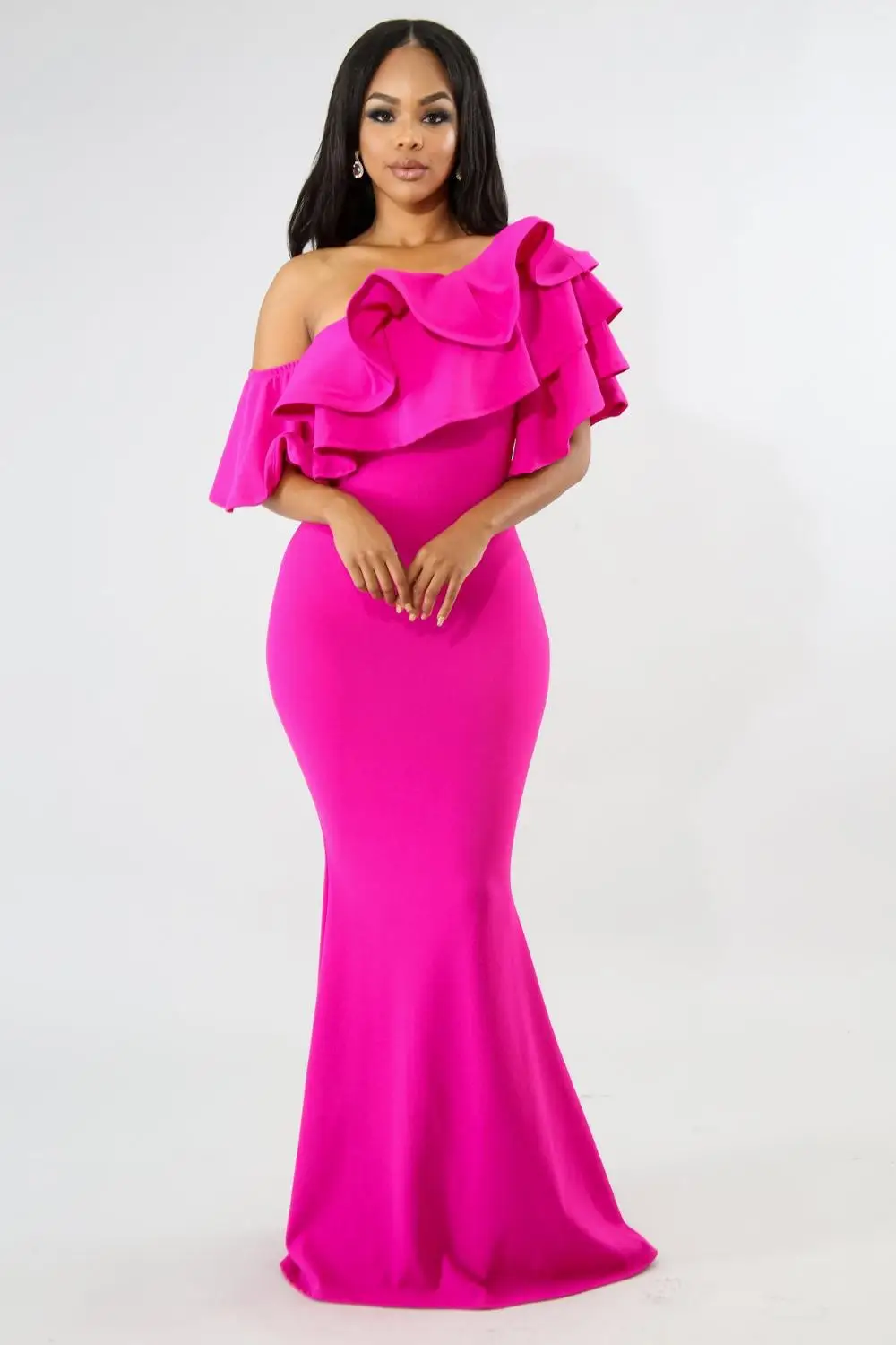 Adogirl для женщин с открытыми плечами рюшами Русалка Вечеринка платья элегантный сексуальный Slash шеи Bodycon Тонкий Макси платье Твердые наряды - Цвет: rosy party dress