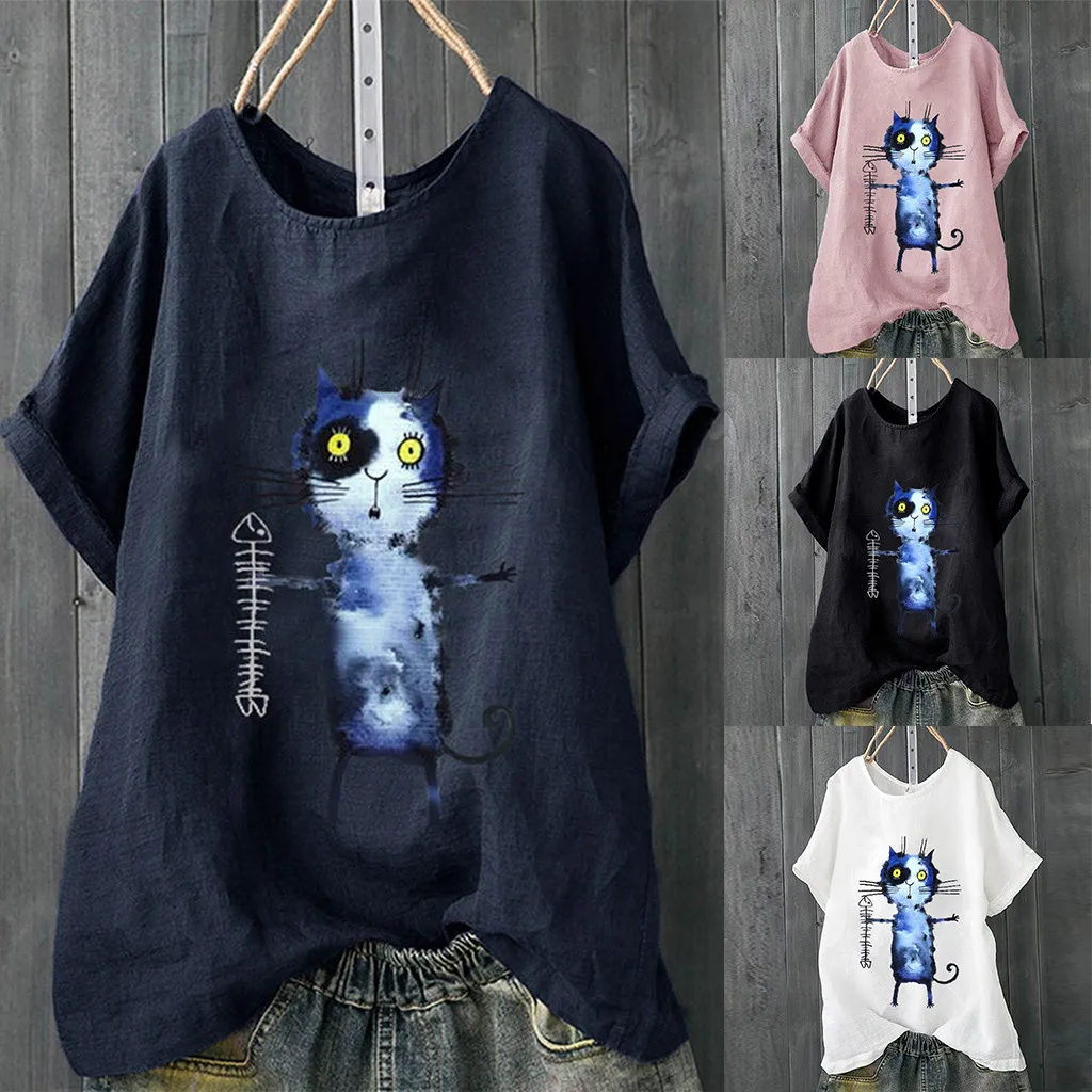 

2019 New Tshirt Women Plus Size Short Sleeve Cotton Linen O-Neck Print Pullover Tops T-shirt Camiseta Top Women Harajuku T Shirt