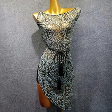 Женское платье для латинских танцев, пояс на талии, летнее Марлевое зеленое леопардовое танцевальное платье для Фламенго румбы/современное платье для латинских танцев VDB467