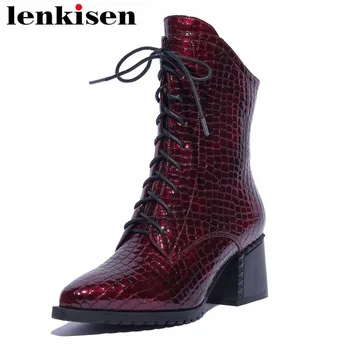 

Lenkisen big size new arrival zipper square toe natural leather thick high heels rivets european younger woman ankle boots L39