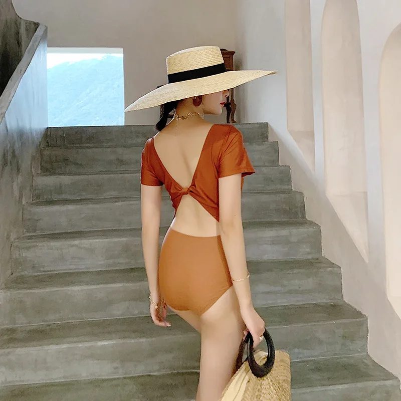 

May Plus Size Female Beach Output Swimsuit For Full Sexy One Piece Swim Suits Hollow Back Short Long Sleeve Cover Woman 2019