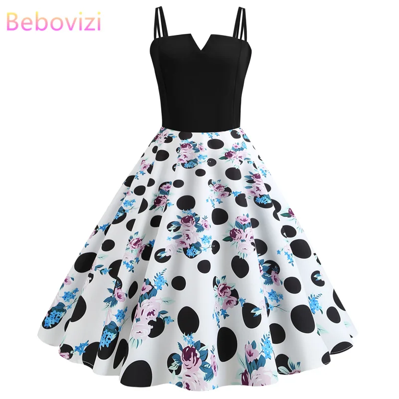 

Bebovizi 2019 Summer New Fashion Women Plus Size Vintage Dress Casual Office Elegant Sexy Black Patchwork Flower Print Dresses