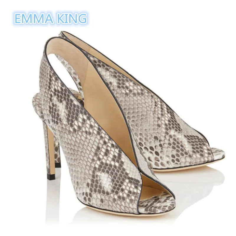 

Deep V Design Snake Prints Sexy Women Sandals Fashion Peep Toe Stilettos Summer Booties Slingback High Heels Ladies Dress Shoes