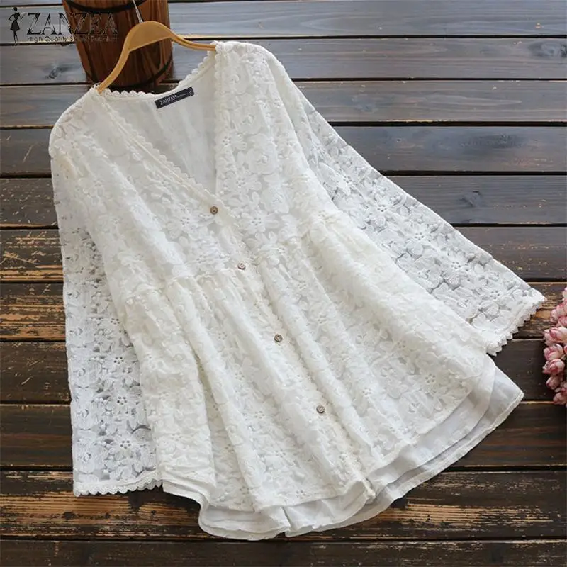 

ZANZEA Women Lace Crochet Blouse Autumn V neck Long Sleeve Solid Shirt Casual Embroidery Blusas Cardigan Female Buttons Tops