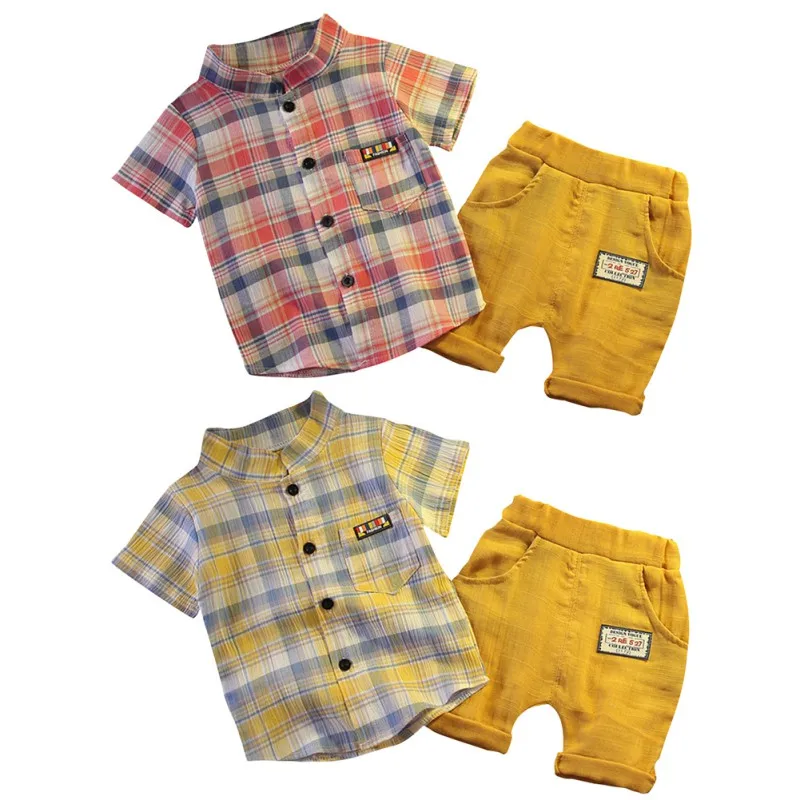 

Yellow/Red O-Neck 6M-4T Plaid Single Summer Children Baby Boys Casual Short Sleeve Plaid Print T-shirt Tops+Shorts Costume Set