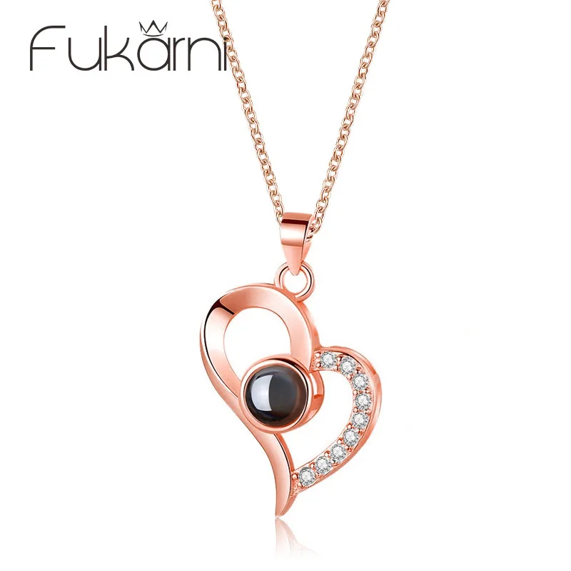 

2019 Heart Rose Gold S925 Silver 100 Languages I Love You Projection Pendant Women Necklace S925 Sterling Silver Fashion Jewelry