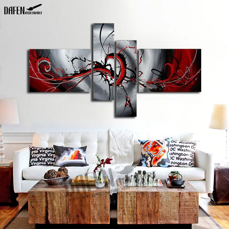 4pcs Hand Painted Abstract Oil Painting on Canvas Red and Gray Wall