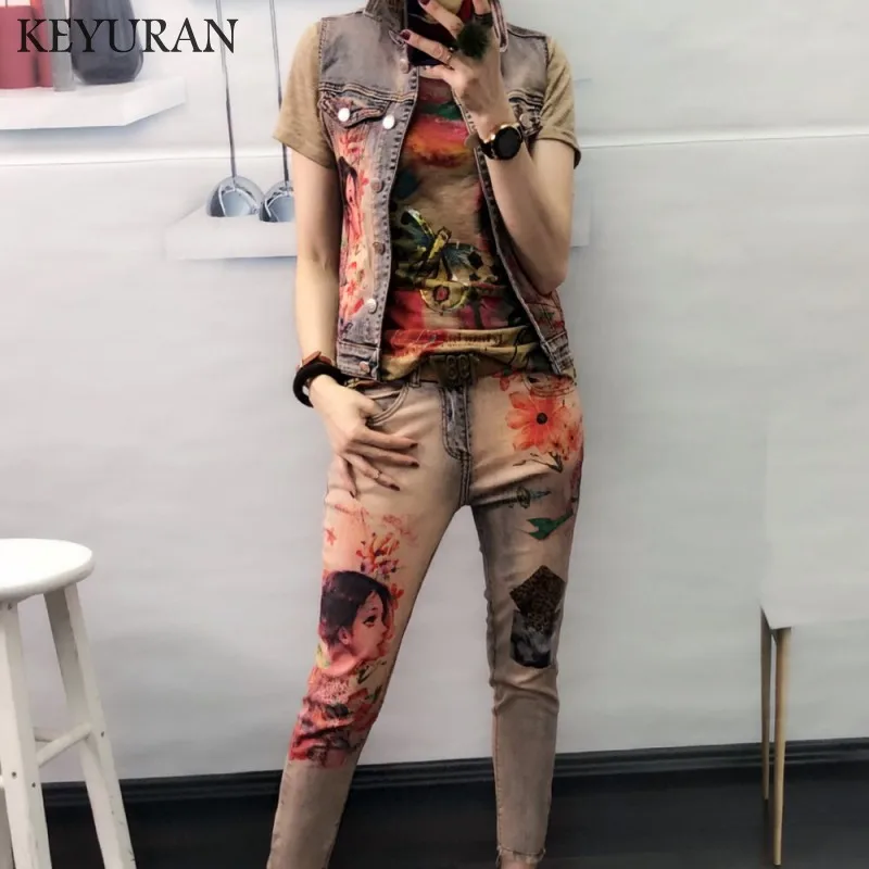 Vrouwen Sexy Elastische Bloem Jas Broek Pak Dame Twee Stuks Schilderen Mode Trend Denim Skinny Jeans Set Jas Broek vest Vrouwen Vrouwen Sexy Elastische Bloem Jas Broek Pak Dame Twee Stuks Schilderen Mode Trend Denim Skinny Jeans Set Jas Broek vest Vrouwen