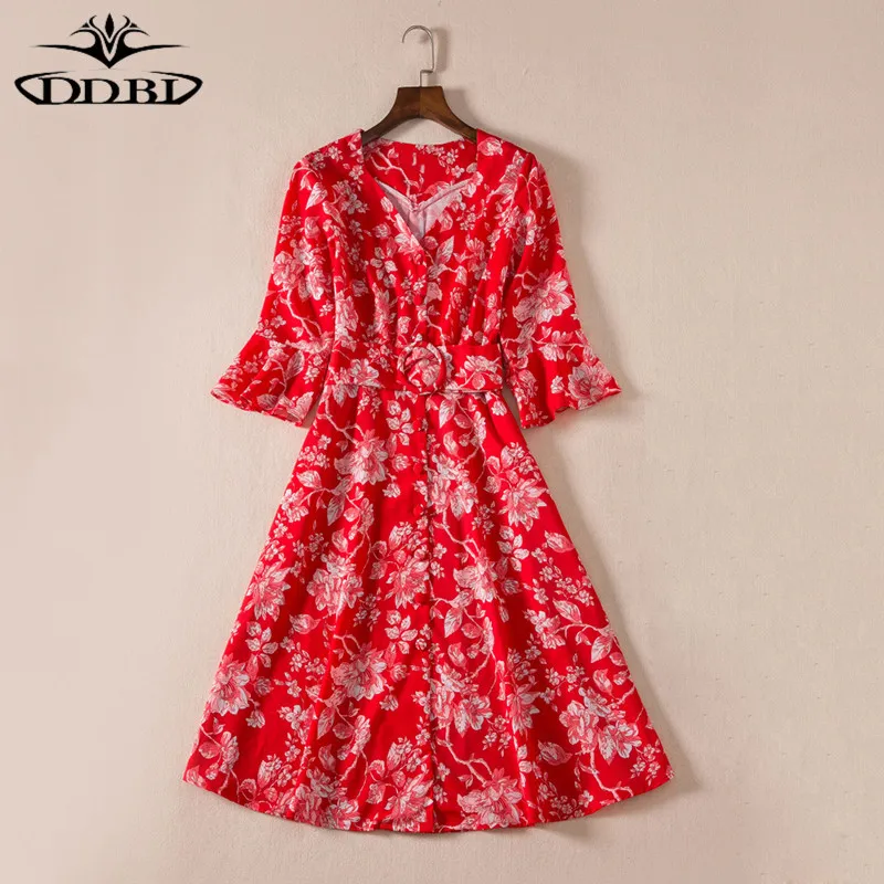 high quality summer dress red dress buttons front red floral flare dresses  180503