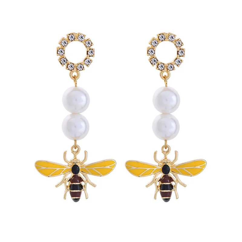 

ed01006c 2018 New Imitation Pearl Enamel Bee Insect 925 Silver Needle Drop Earrings for Girls Women Jewelry