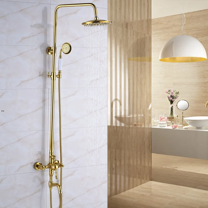 European Style Golden Rain 8 Shower Mixer Faucet Wall Mounted Outdoor Kit With Hand Tub Filter